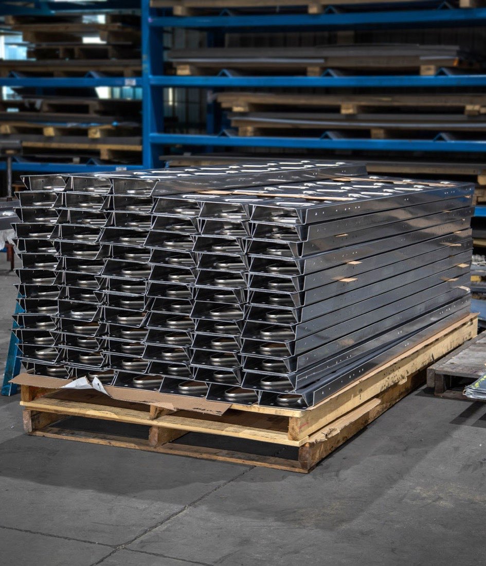 A pallet of finished formed parts from a Prototier-1 production run, ready to ship