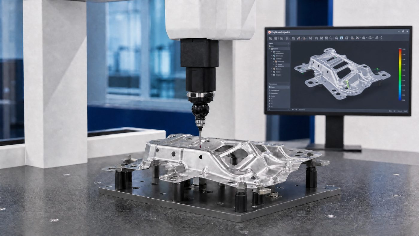 A coordinate measuring machine probe measuring a stamped metal part on a fixture, with the part's CAD model open in PolyWorks inspection software on the screen behind